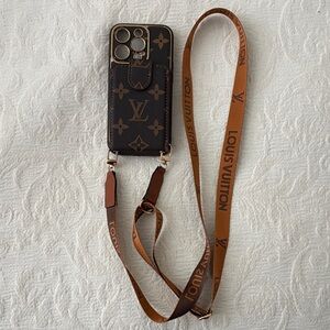 Louis Vuitton Brown Monogram Crossbody Phone Case with Logo Strap. Brand new